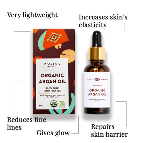 Zawina Morocco 100% Pure Cold-Pressed Organic Argan Oil infographic featuring 5 skin benefits: Very lightweight, Increases skin's elasticity, Reduces fine lines, Repairs skin barrier, and Gives glow