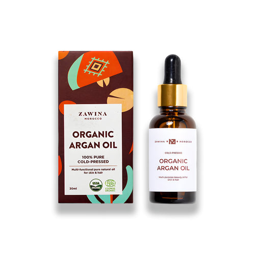 Zawina Morocco 100% Pure Cold-Pressed Organic Argan Oil 30ml bottle with dropper and certified organic packaging box