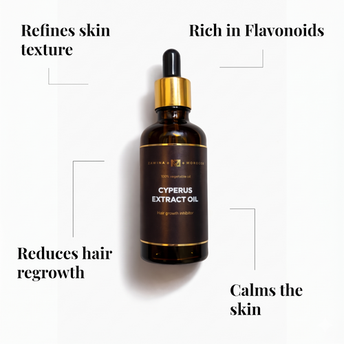 Zawina Morocco Cyperus Extract Oil hair growth inhibitor bottle infographic, highlighting key benefits: refines skin texture, rich in flavonoids, reduces hair regrowth, and calms the skin