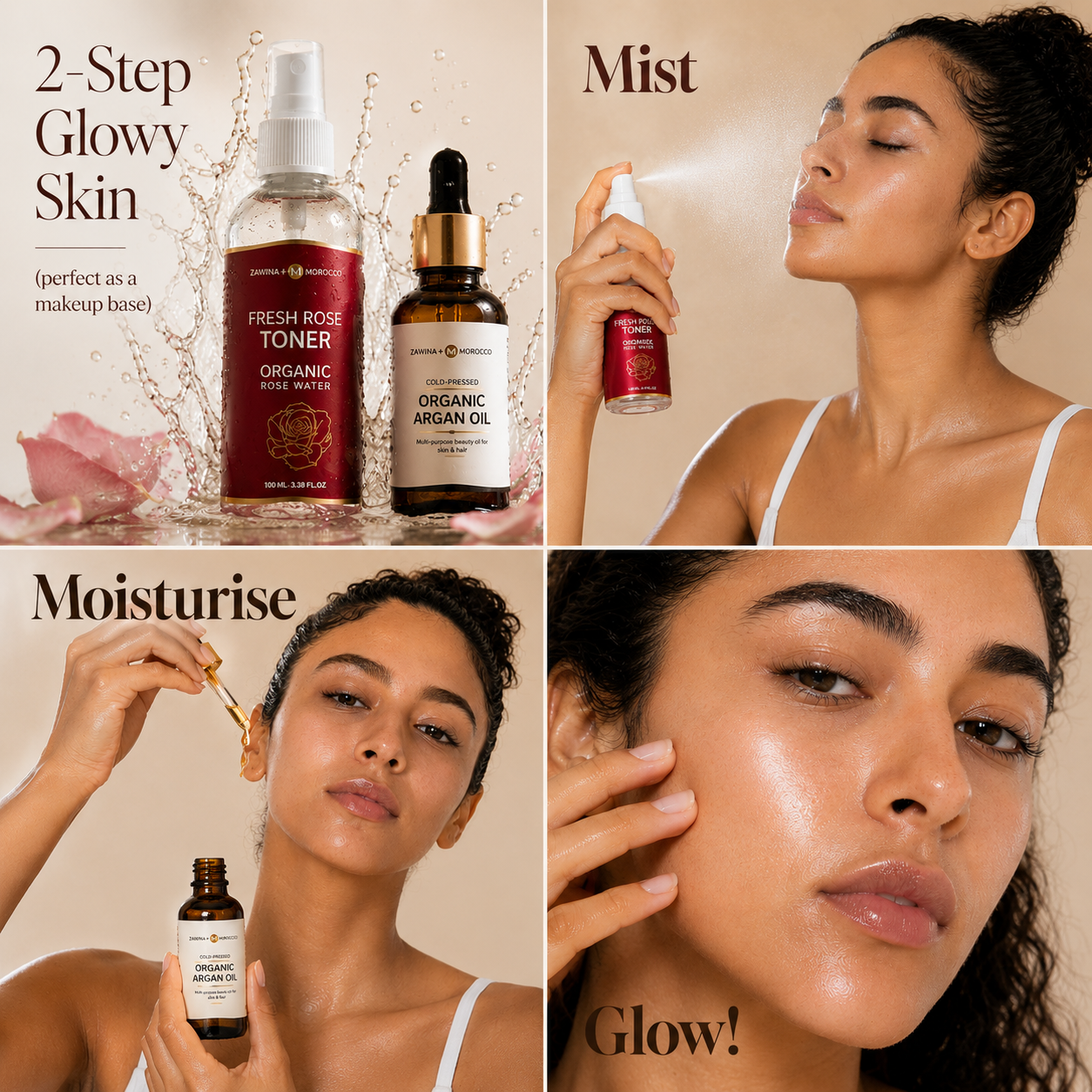 Zawina Morocco 2-Step Glowy Skin routine featuring Fresh Rose Toner and Organic Argan Oil