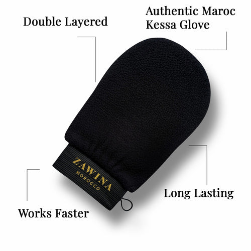 Zawina Morocco black Kessa glove feature graphic highlighting double-layered construction, authentic Maroc origin, long lasting quality, and works faster performance