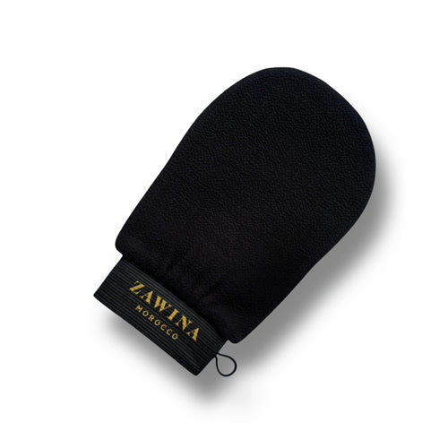 Zawina Morocco black Kessa exfoliating glove with gold embroidered logo on the elastic wristband 