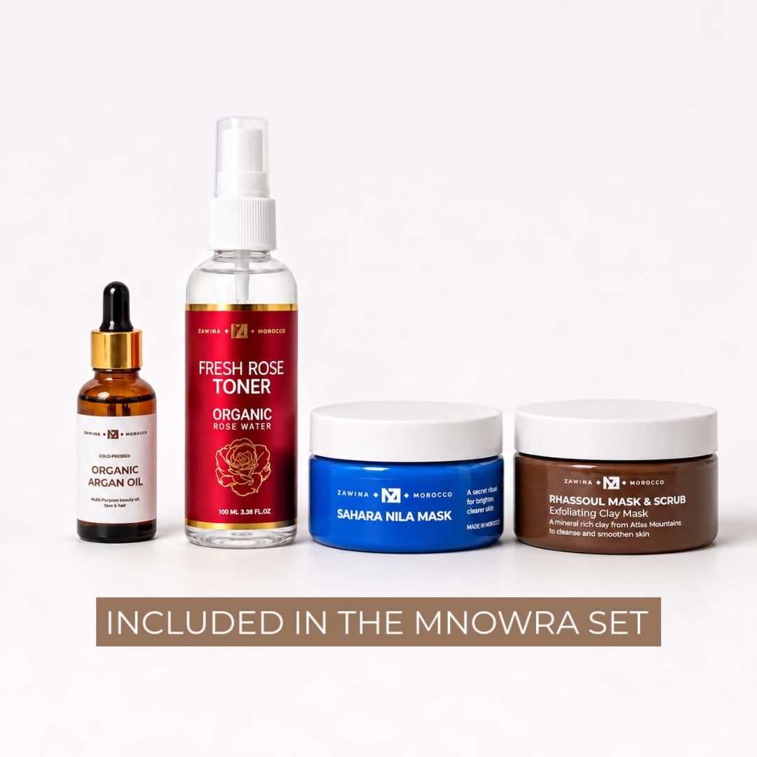 Zawina Morocco Mnowra Set 4-piece skincare bundle with Argan Oil, Rose Water Toner, Nila Mask, and Rhassoul Clay Scrub