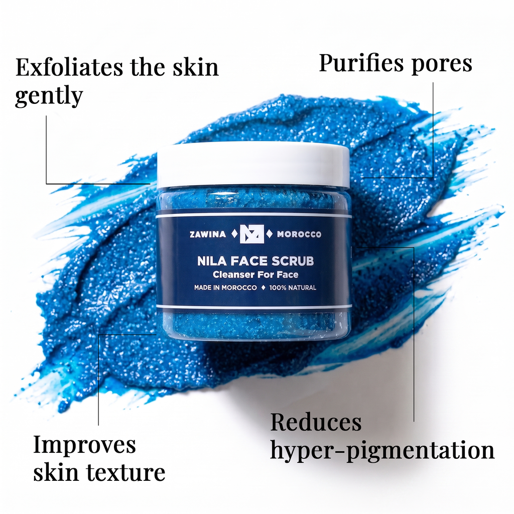 Zawina Morocco Nila Face Scrub jar set over a textured blue scrub swatch, highlighting key benefits: exfoliates the skin gently, purifies pores, improves skin texture, and reduces hyper-pigmentation