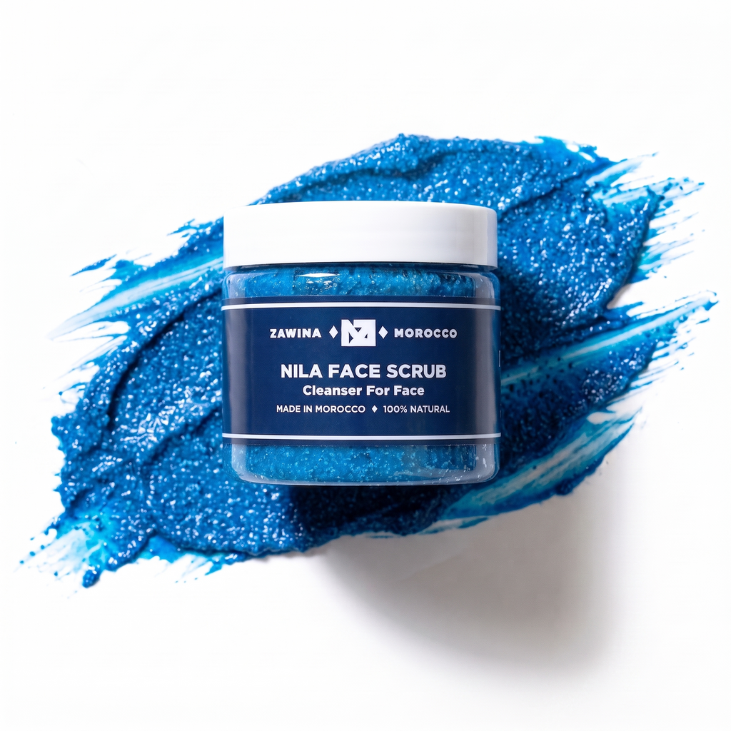 Zawina Morocco Nila Face Scrub jar resting over a textured swatch of vibrant blue exfoliating face cleanser paste