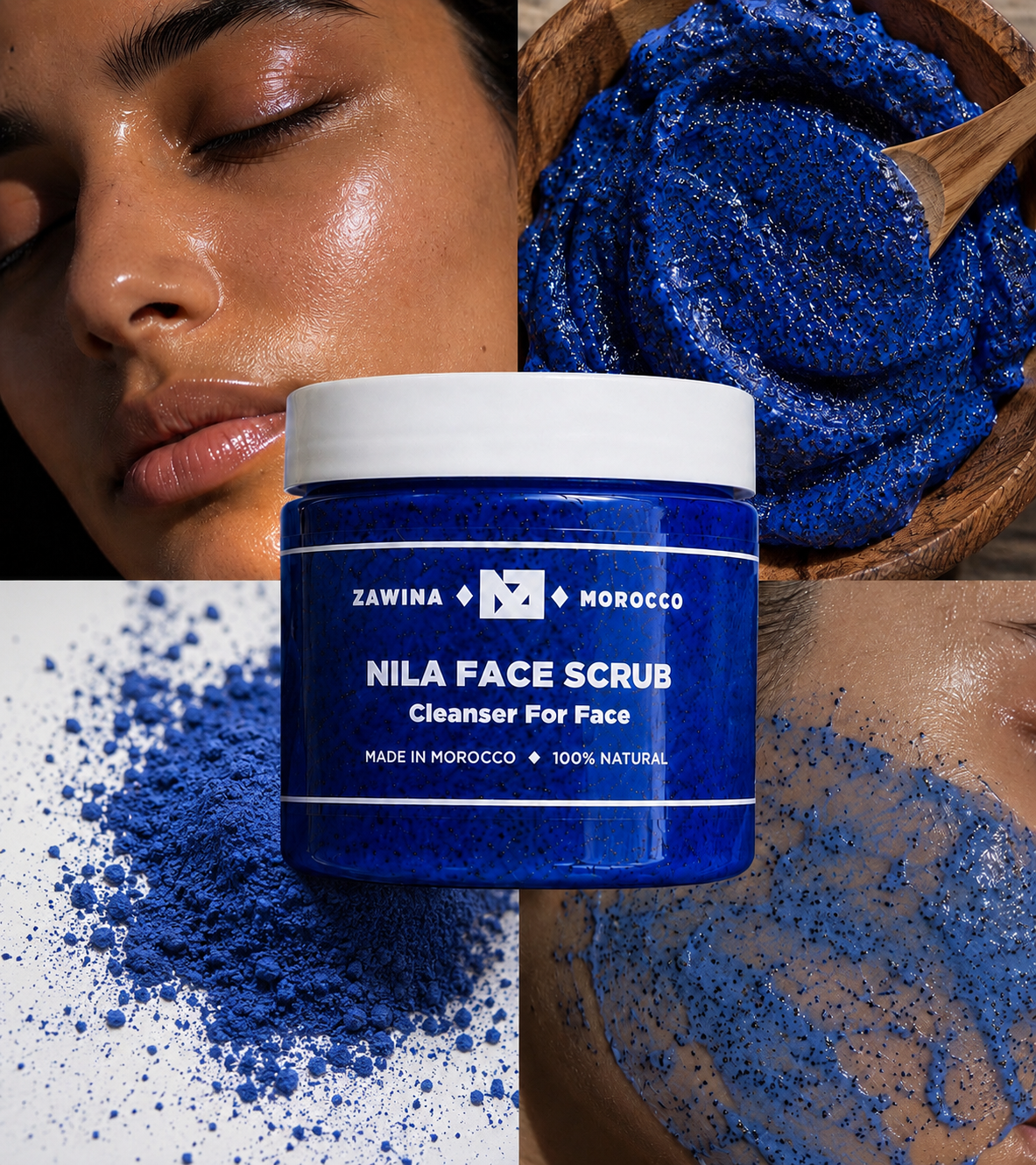 Zawina Morocco Nila Face Scrub jar surrounded by raw blue Nila powder, a wooden bowl of blue scrub paste, scrub application on skin, and a model with glowing skin