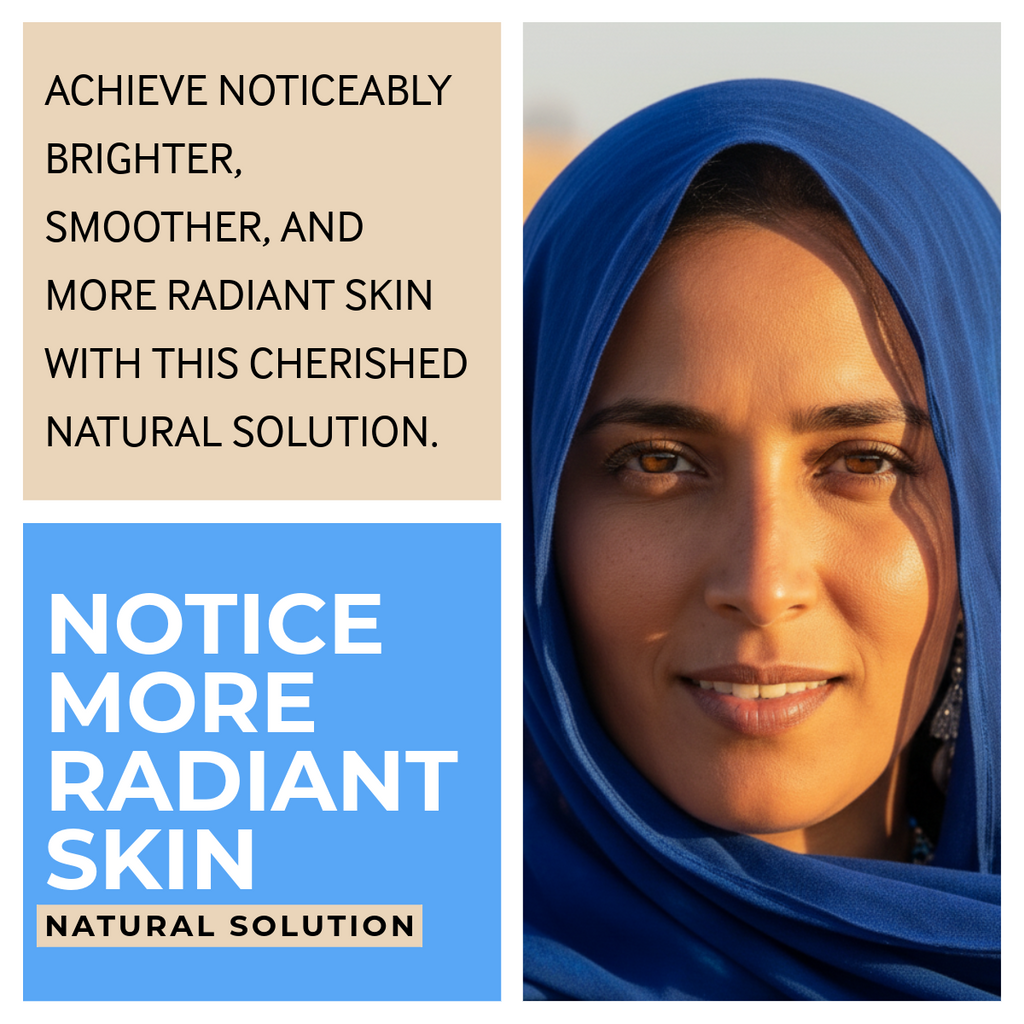 Zawina Morocco Nila Hammam Set graphic highlighting natural skin brightening and radiance with portrait of a woman in a blue headscarf