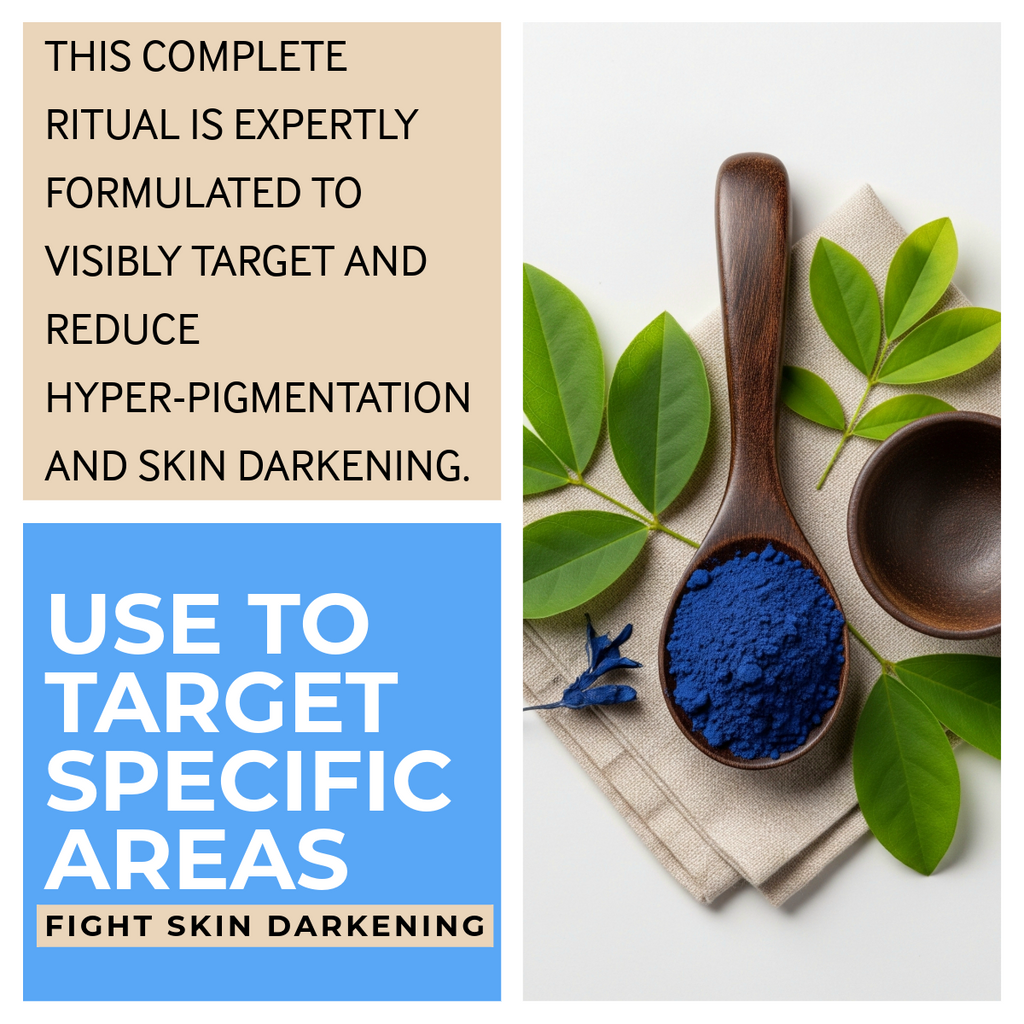 Zawina Morocco Nila ritual graphic targeting hyper-pigmentation and skin darkening with blue Nila powder