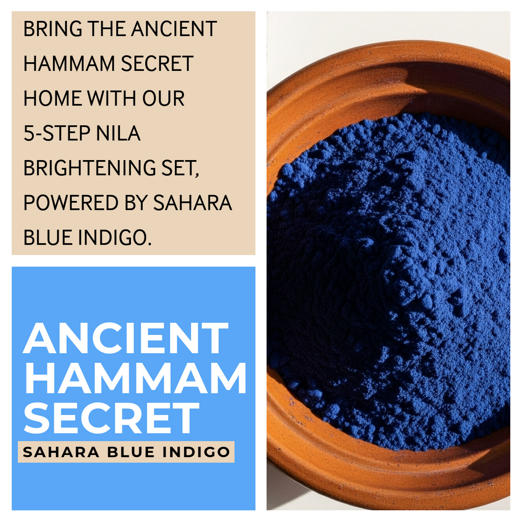 Zawina Morocco Nila Hammam Set graphic titled Ancient Hammam Secret Sahara Blue Indigo, describing the 5-step Nila brightening set powered by Sahara blue indigo, pictured next to a terracotta bowl filled with rich blue Nila powder