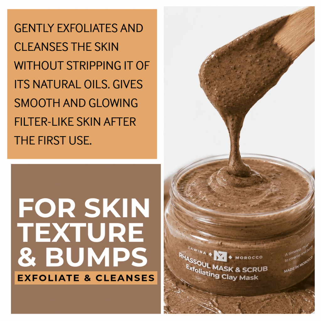 Zawina Morocco Rhassoul Clay Mask & Scrub graphic highlighting exfoliation benefits for bumpy skin texture