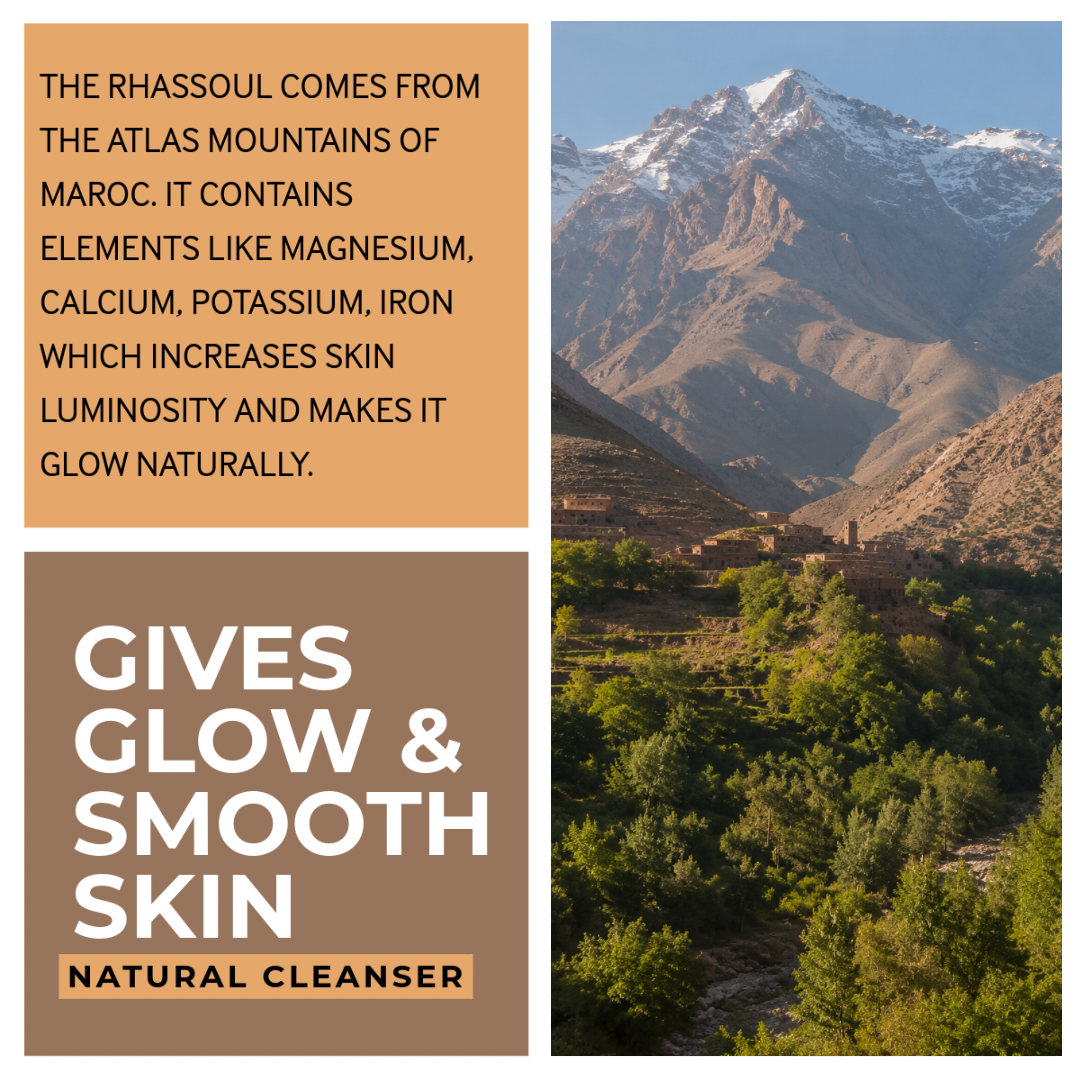 Zawina Morocco Rhassoul Clay origin graphic explaining mineral benefits from the Atlas Mountains for smooth, glowing skin