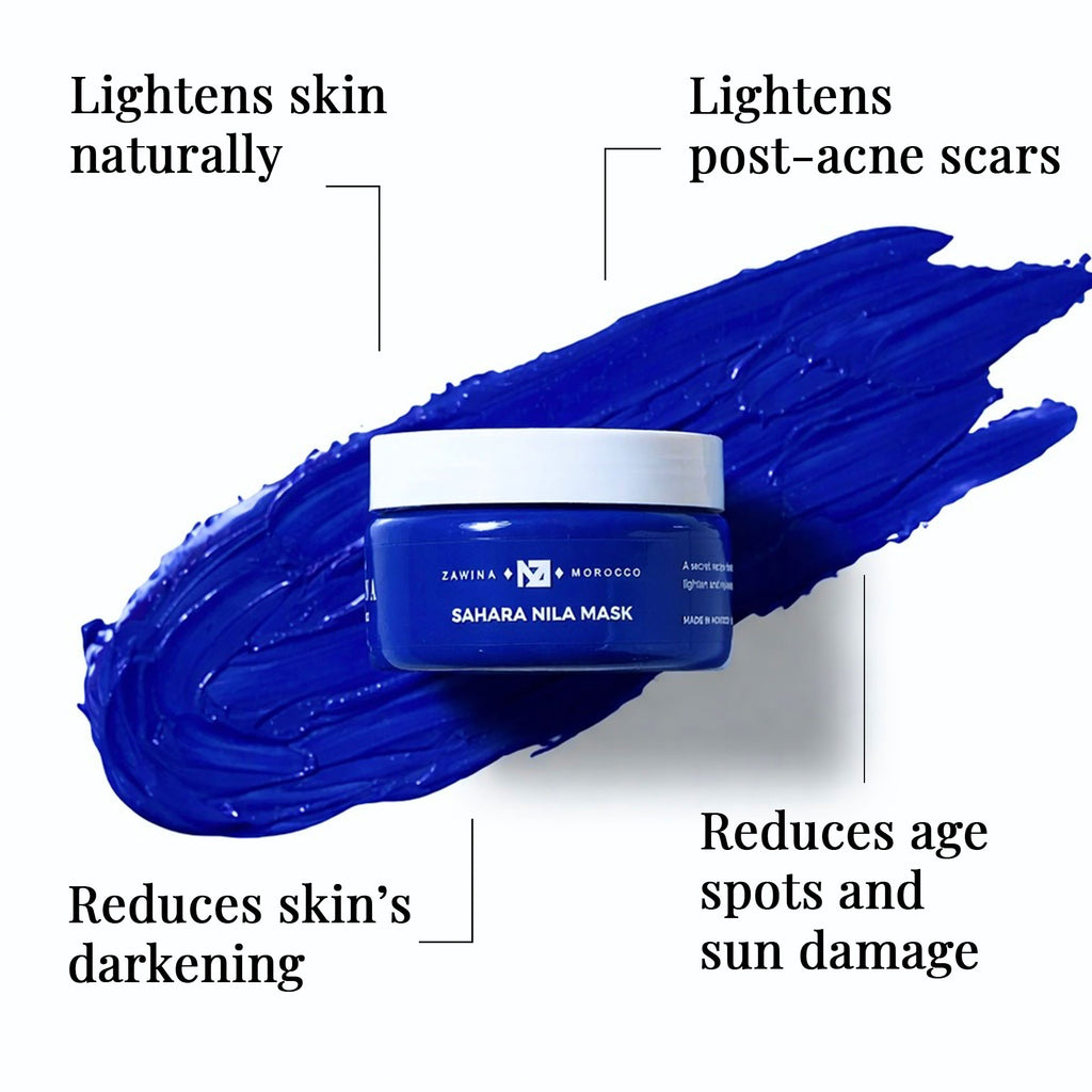 Zawina Morocco Sahara Nila Mask jar over a vibrant blue paste swatch, highlighting benefits: lightens skin naturally, lightens post-acne scars, reduces skin darkening, and reduces age spots and sun damage
