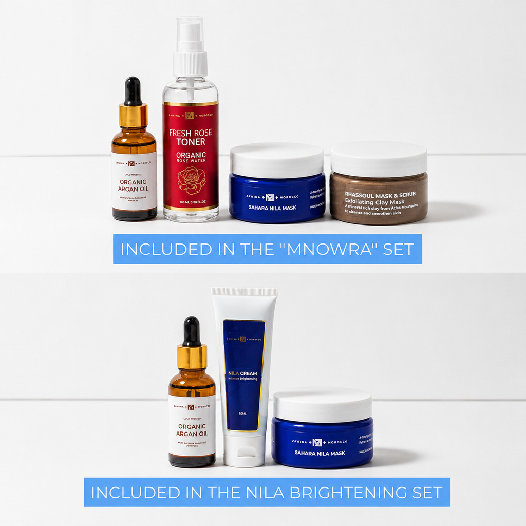 Zawina Morocco skincare sets graphic featuring the Mnowra Set with Argan Oil, Rose Toner, Sahara Nila Mask, and Rhassoul Mask, alongside the Nila Brightening Set with Argan Oil, Nila Cream, and Sahara Nila Mask