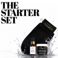 Zawina Morocco The Starter Set graphic featuring Organic Argan Oil dropper bottle, Black Soap with Argan and Rose jar, and black Kessa exfoliating glove set against splashing water