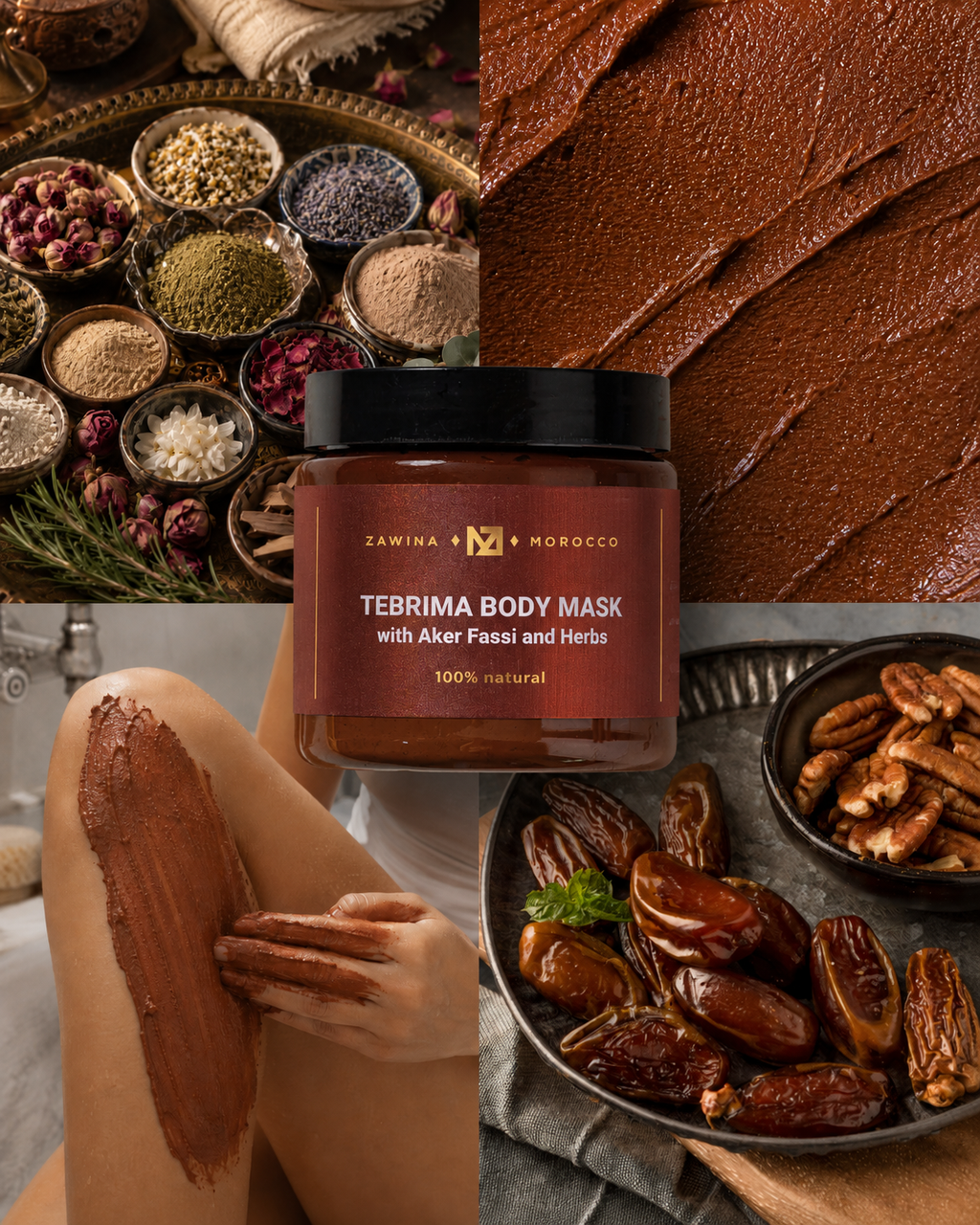 Zawina Morocco Tebrima Body Mask jar surrounded by traditional Moroccan botanical herbs, dates, and application texture