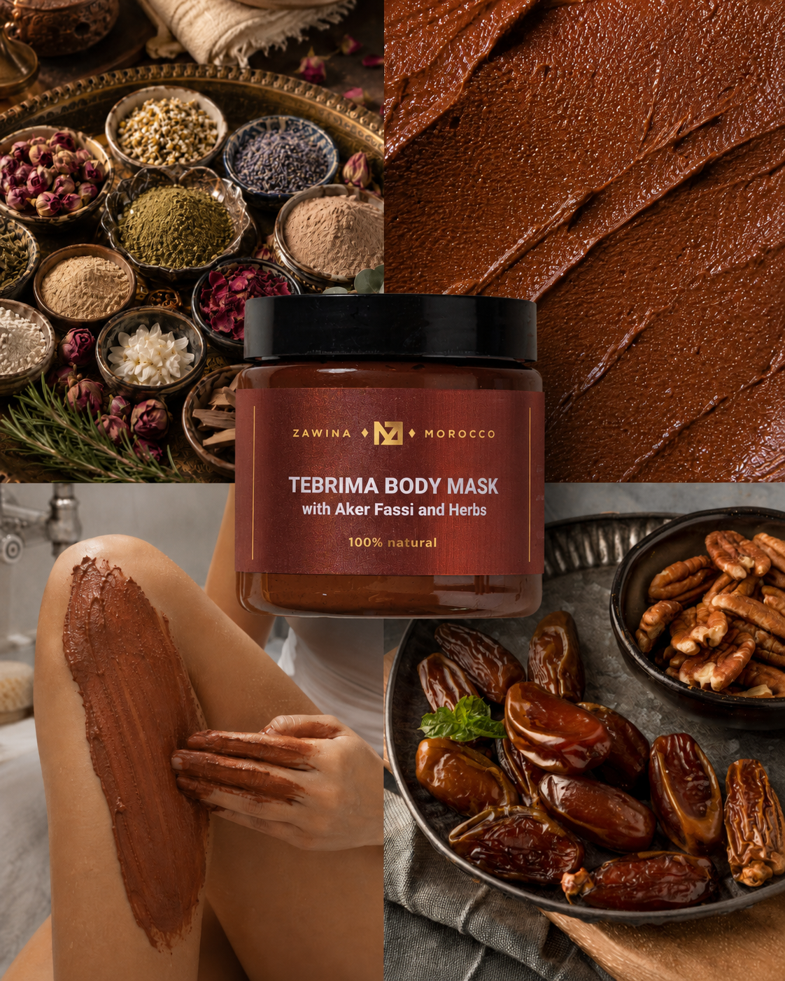 Zawina Morocco Tebrima Body Mask jar surrounded by traditional Moroccan botanical herbs, dates, and application texture