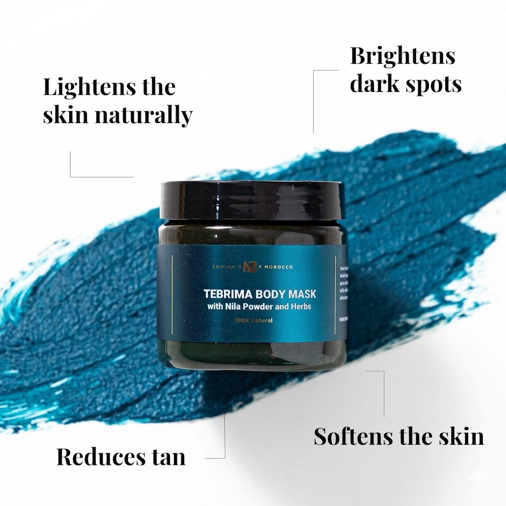 Zawina Morocco Tebrima Body Mask with Nila Powder and Herbs jar set over a deep teal mask swatch, highlighting key benefits: lightens the skin naturally, brightens dark spots, reduces tan, and softens the skin