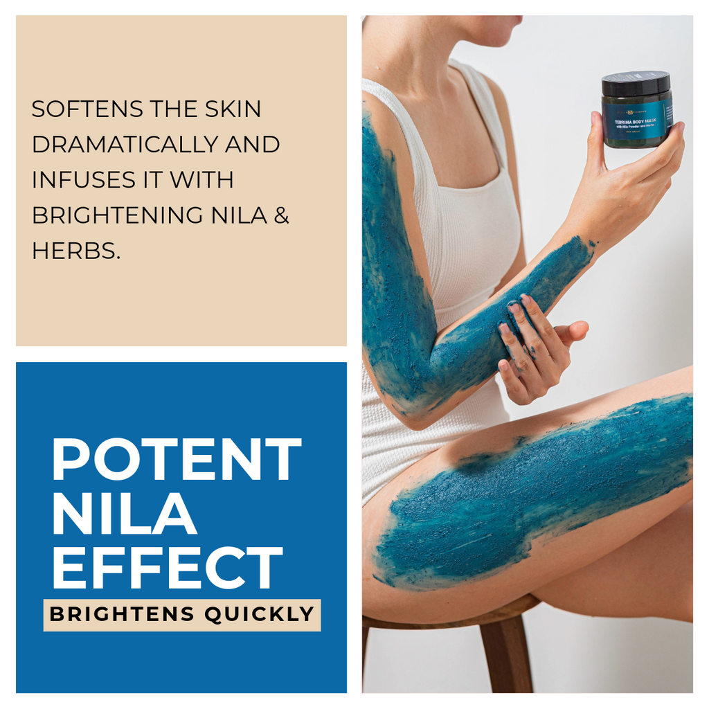 Zawina Morocco Tebrima Body Mask graphic titled Potent Nila Effect Brightens Quickly, describing how it softens skin and infuses it with Nila and herbs, pictured with a model holding the jar while deep teal blue mask paste