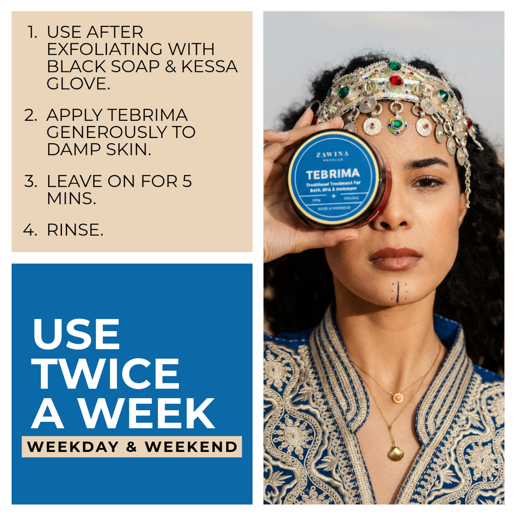 Zawina Morocco Tebrima Body Mask usage guide graphic titled Use Twice A Week Weekday & Weekend, detailing 4 steps to use after black soap exfoliation, apply to damp skin, leave for 5 mins, and rinse