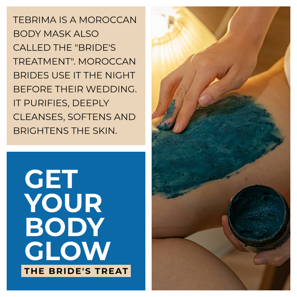 Zawina Morocco Tebrima Body Mask graphic titled Get Your Body Glow The Bride's Treat, describing how Moroccan brides use this purifying body mask before their wedding to soften and brighten skin