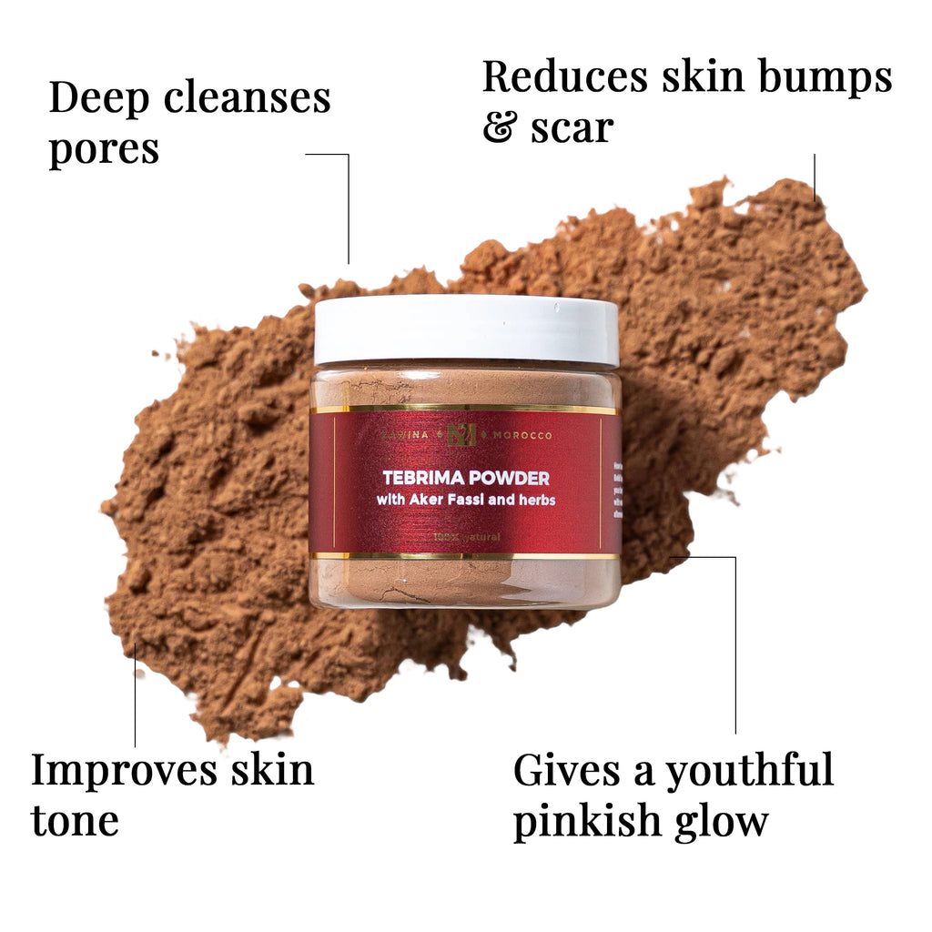 Zawina Morocco Tebrima Powder with Aker Fassi and herbs jar set over a brown herbal powder swatch, highlighting key benefits: deep cleanses pores, reduces skin bumps and scars, improves skin tone, and gives a youthful pinkish glow