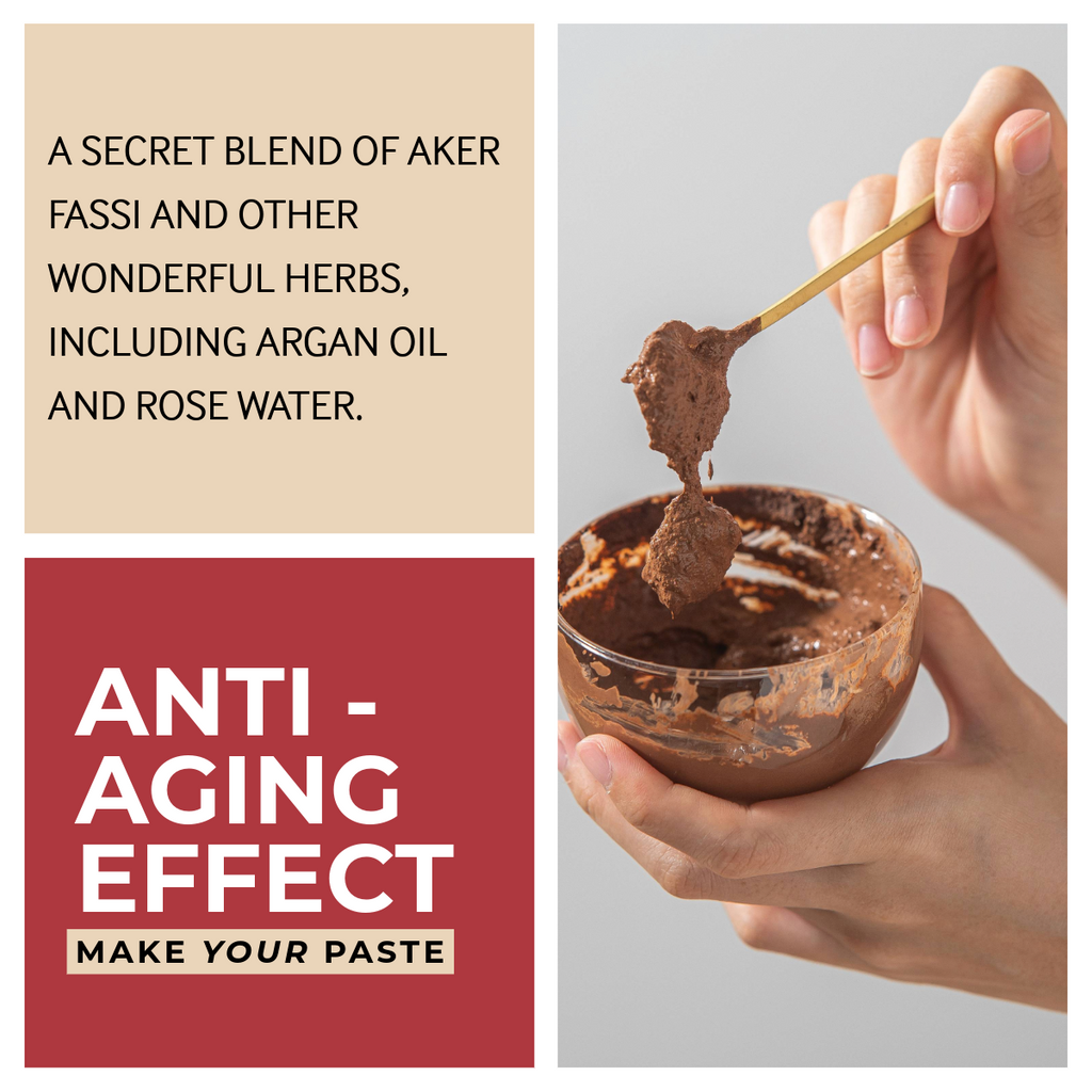Zawina Morocco Tebrima Powder graphic titled Anti-Aging Effect Make Your Paste, detailing a blend of Aker Fassi, herbs, argan oil, and rose water, pictured with hands holding a glass bowl and scooping thick brown herbal paste 