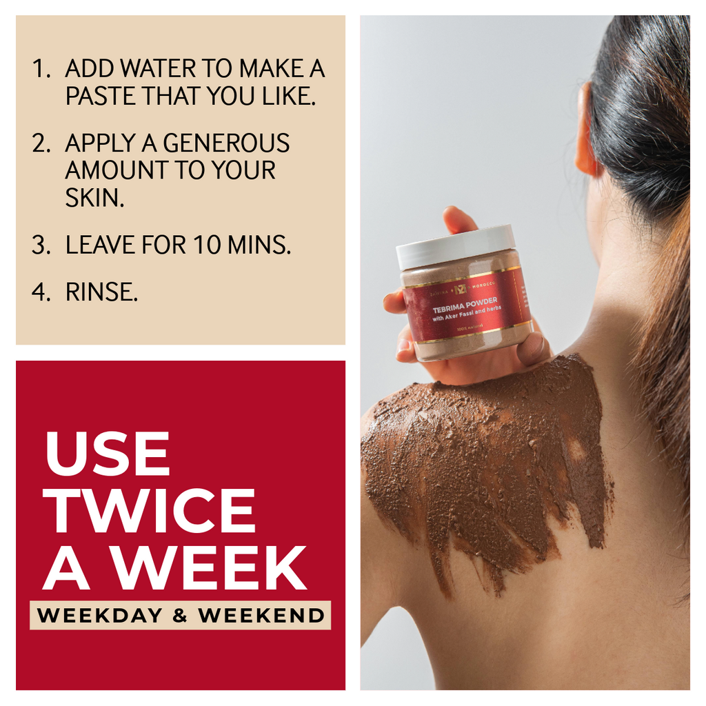 Zawina Morocco Tebrima Powder 4-step usage instructions graphic showing twice-weekly body mask application across the back