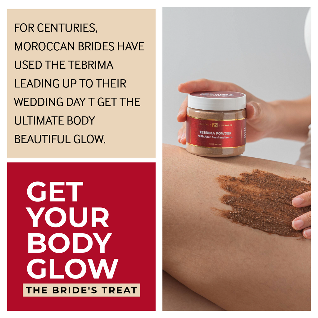 Zawina Morocco Tebrima Powder graphic detailing traditional Moroccan bridal body glow treatment with paste application photo