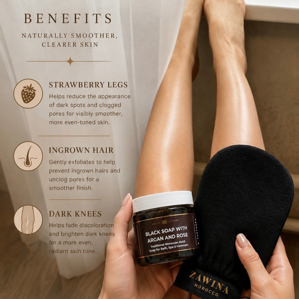 Zawina Morocco The Starter Set benefits graphic titled Naturally Smoother Clearer Skin, detailing solutions for strawberry legs, ingrown hair, and dark knees, pictured with hands holding Black Soap with Argan and Rose and a black Kessa glove